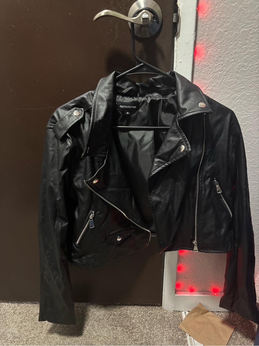 PrettyLittleThing Black Faux Leather Biker Jacket with Silver Hardware